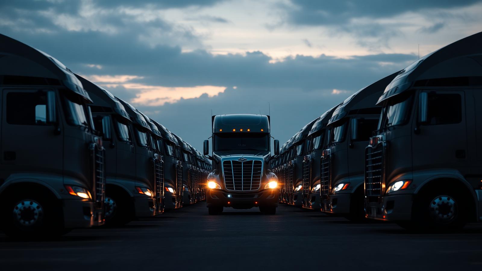 Row of modern Class 8 semi trucks and trailers lined up in a fleet yard