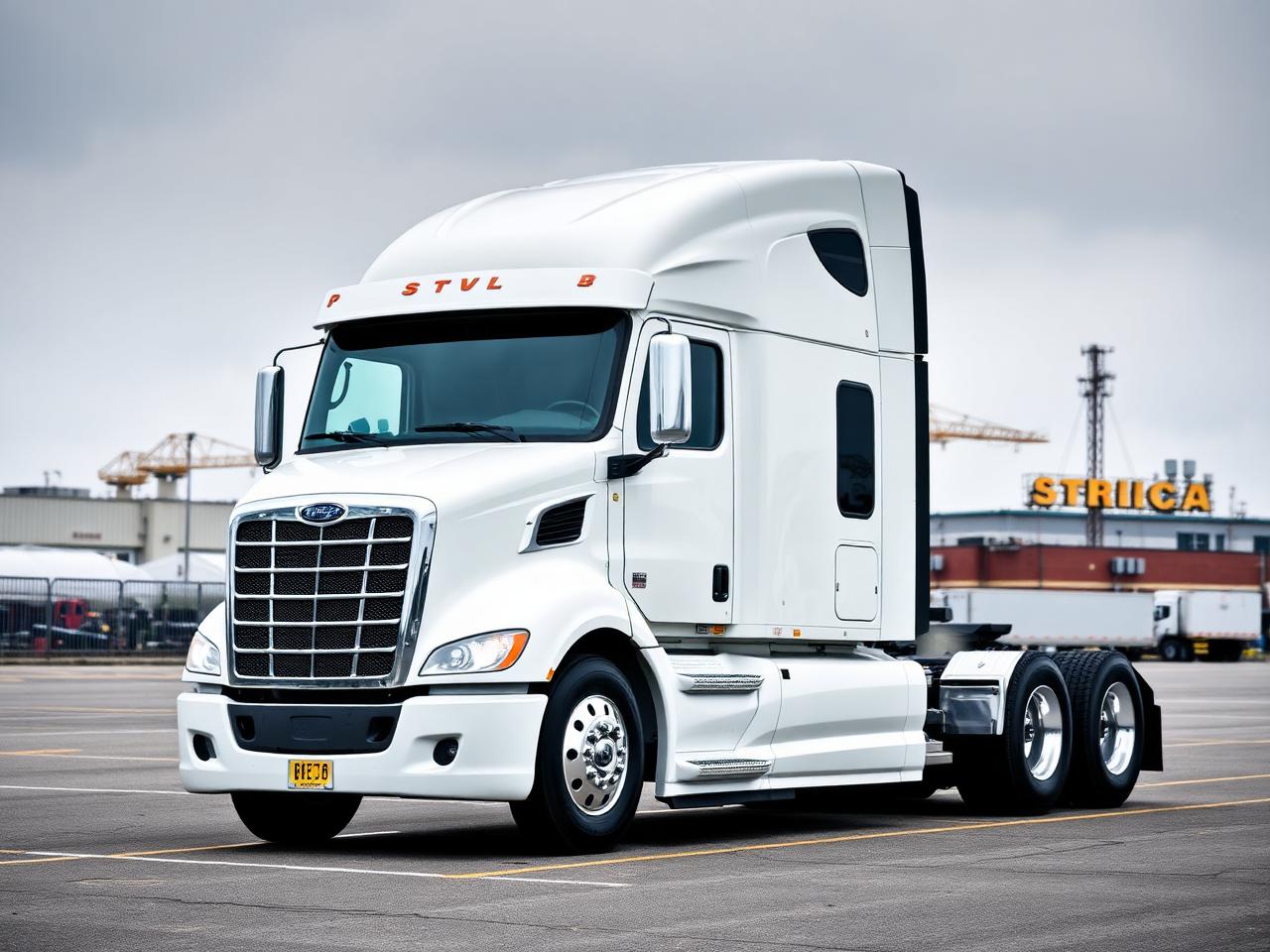 White Class 8 semi truck parked at a commercial truck terminal